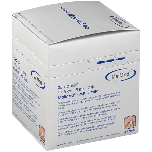 MaiMed® - MK steril 5 x 5 cm ES Kompressen 25 x 2 Stück 8-fach, extraweicher Verbandmull, 17-fädig